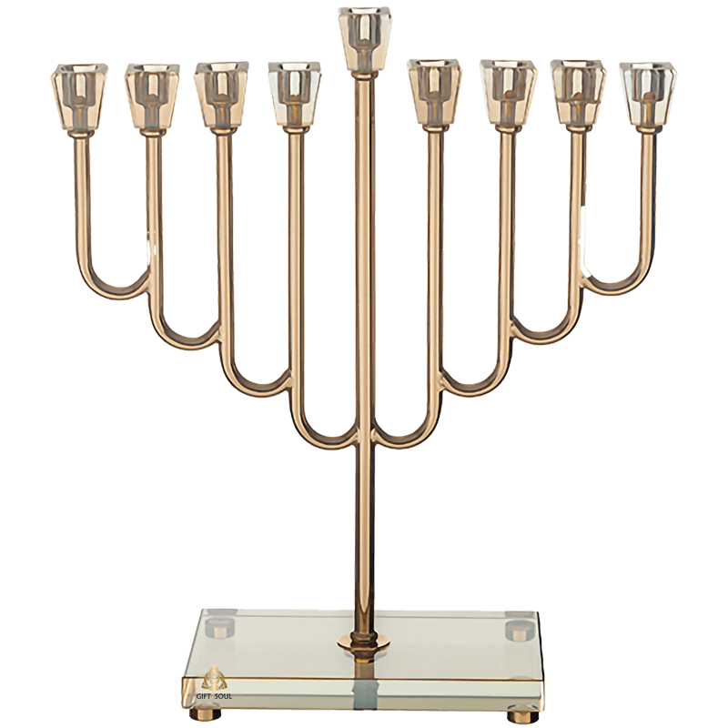 AJ42190 חנוכיה ציפוי רוז גולד קני קריסטל מגש קריסטל