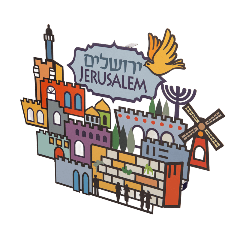 DODJPZZ2Ea מקומות בירושלים עיצוב צבעוני לתלייה מתכת חיתוך לייזר עברית אנגלית