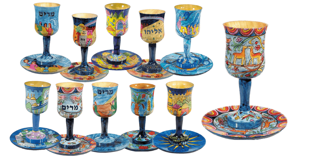 EMCU T גביע קידוש עץ לשבת ויום טוב כולל צלחת תואמת ציור בעבודת יד 