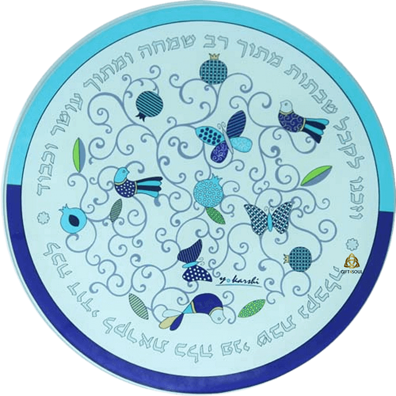 HA5304 תחתית לסיר מעוצבת זכוכית מחוסמת איורי ציפורים ופרפרים עיגול שילוב כחול טורקיז