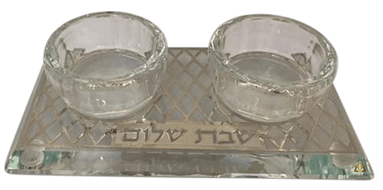 HA5551 זוג פמוטי קריסטל מהודרים על מגש מגזרת כסף מעויינים כיתוב שבת שלום