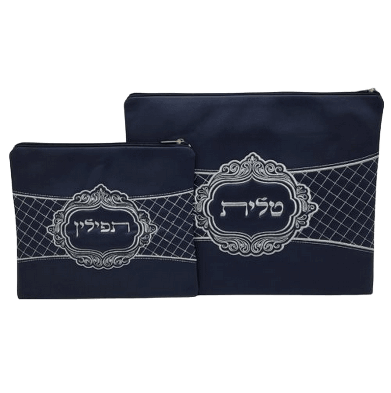 LL193212 סט טלית ותפילין דמוי עור דגם אבזם כחול עמוק