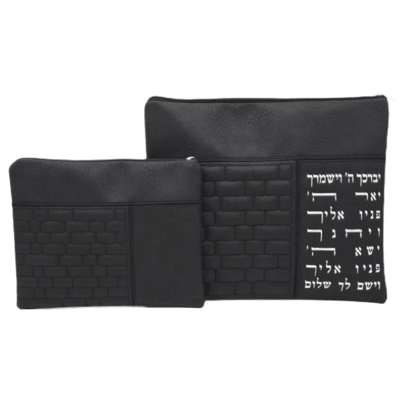 LL193297 סט לטלית ותפילין דמוי עור שחור אותיות רקמה כסוף