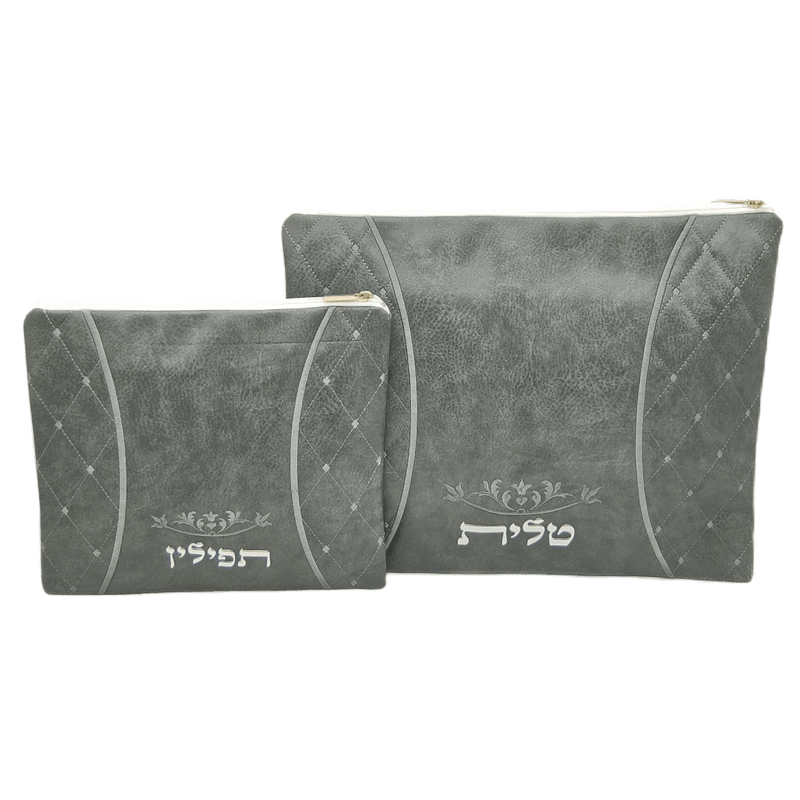 LL194015 כיסוי לטלית ותפילין דמוי עור אפור אותיות בולטות כסף