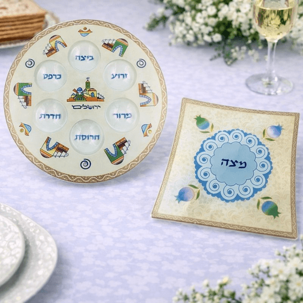 סט מושלם צלחת ברכות וצלחת למצה כחולים הדמייה