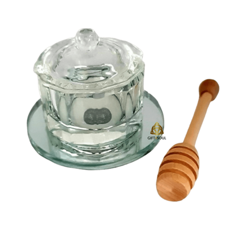 כלי לדבש זכוכית עם מכסה בסיס זכוכית נצנץ כסף וכף מעץ