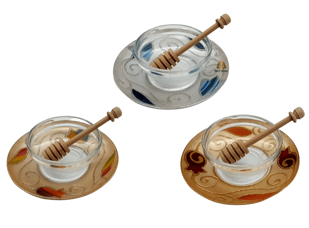 כלי לדבש מזכוכית  עבודת יד וכף מעץ דגמים שונים