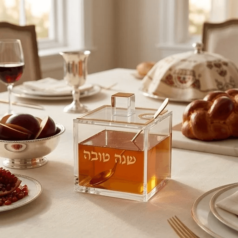  דבשייה כלי לדבש מרובע אקריליק בגימור מוכסף לשולחן חג ראש השנה AJ83445  2 