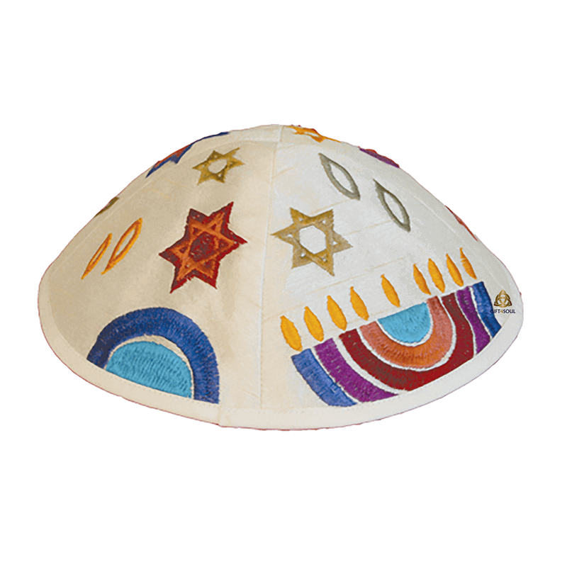  מבד לבן רקום מגן דוד וחנוכיה דולקת צבעוני EMYMEZZ5M