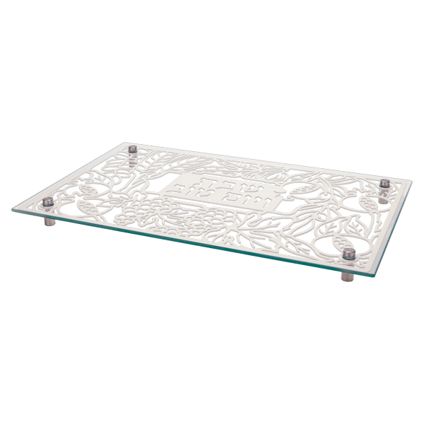 מגש מתכת לחלה או פמוטים להדלקת נרות עם מגזרת מתכת וזכוכית מחוסמת שבעת המינים  DOSHT 4  2 