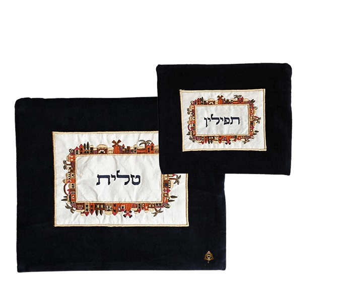  טלית רקמה מלאה ירושלים כחול פסים כחוליםEMTBBZZ4B