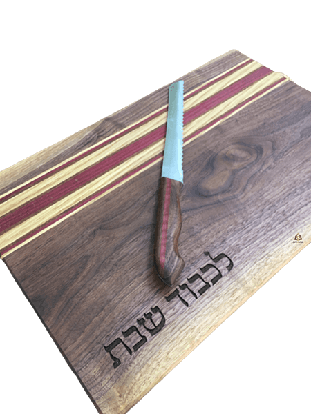  קרש חלה סכין עץ עם הקדשה לשבת עצים אגוז אמריקאי לב סגול אלון