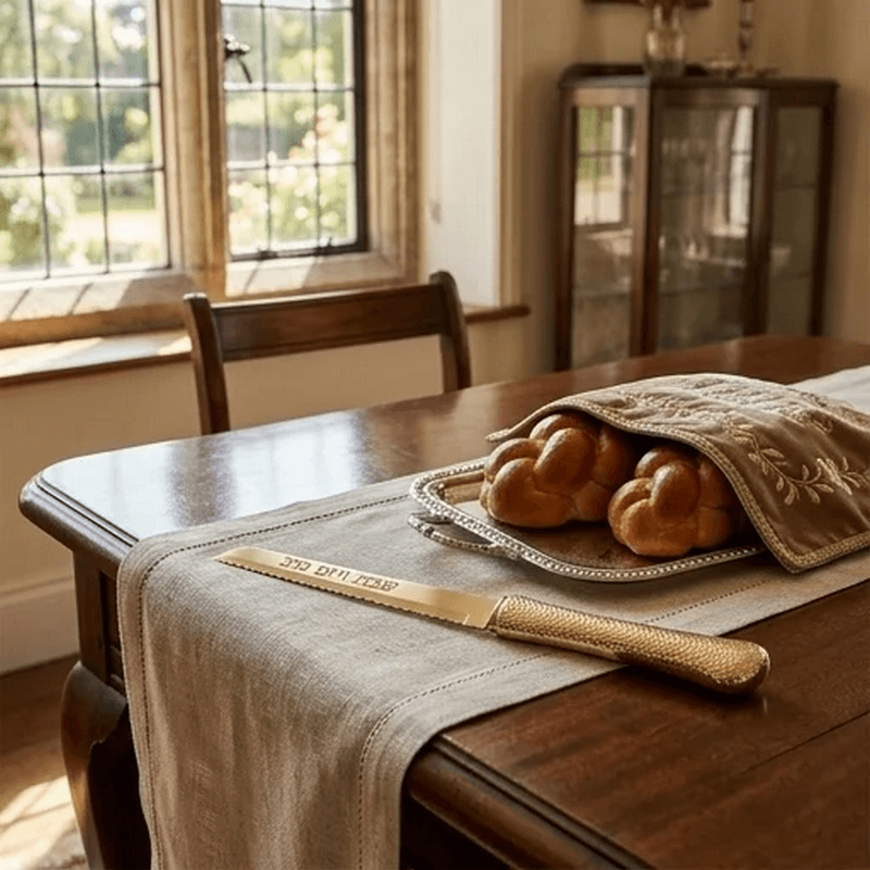   חלה עיטור מרוקע מוזהב ידית מתכת להב משונן שבת ויום טוב לשולחן השבת והחג AJ59201  2 