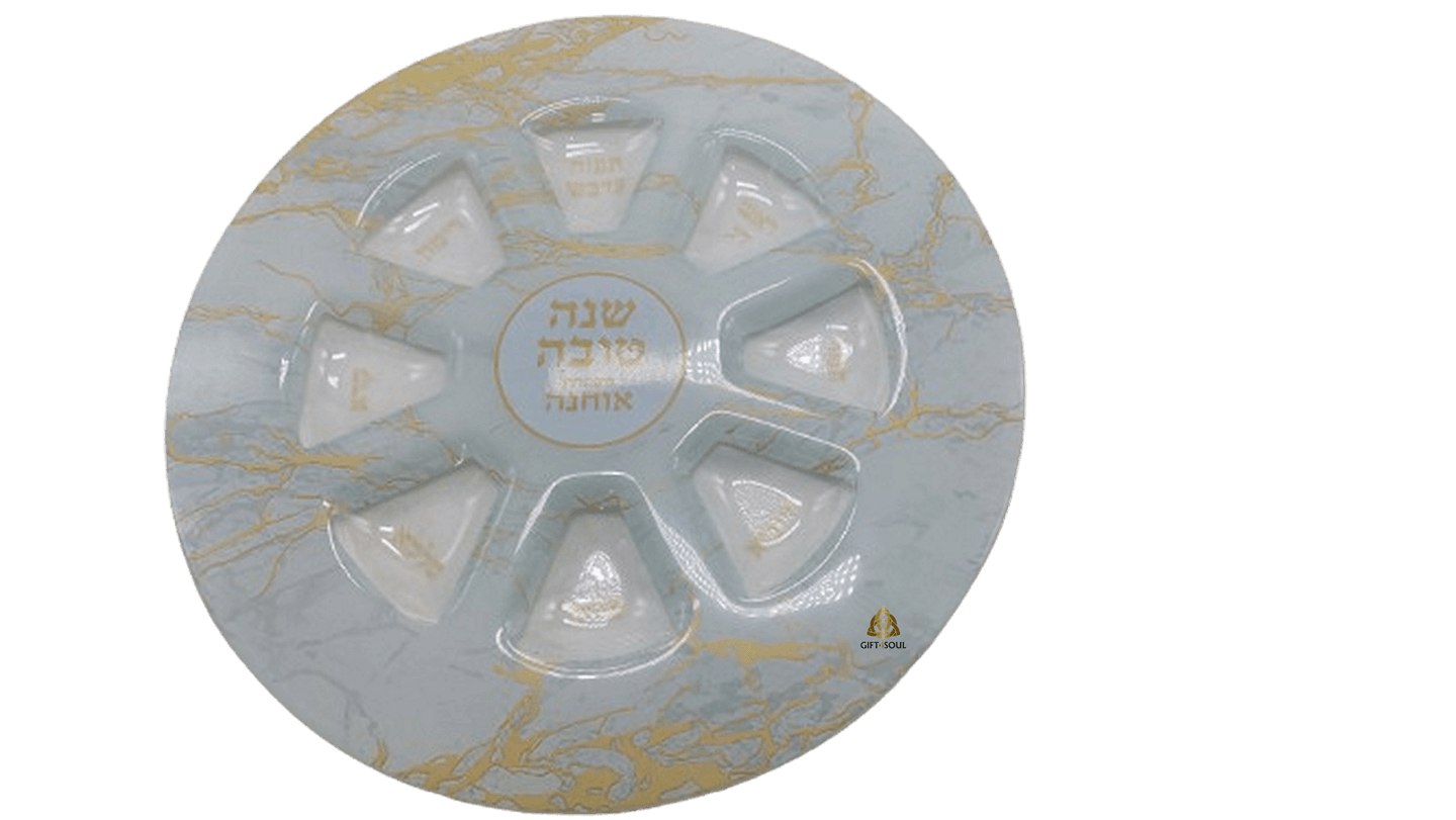  קערת ברכות זכוכית דמוי שיש לבנה ראש השנה סמל לחגיגה מסורתית 