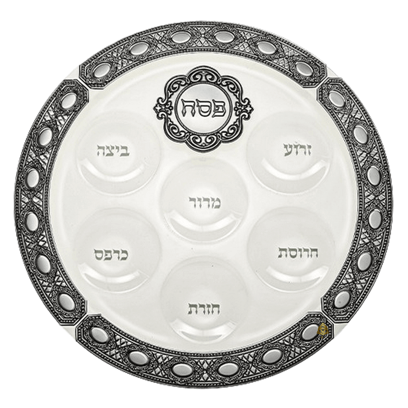  צלחת זכוכית מהודרת לפסח פלקטה מקושטת שחור ועיגולים לבנים עם הדפס פסח  AJ46885