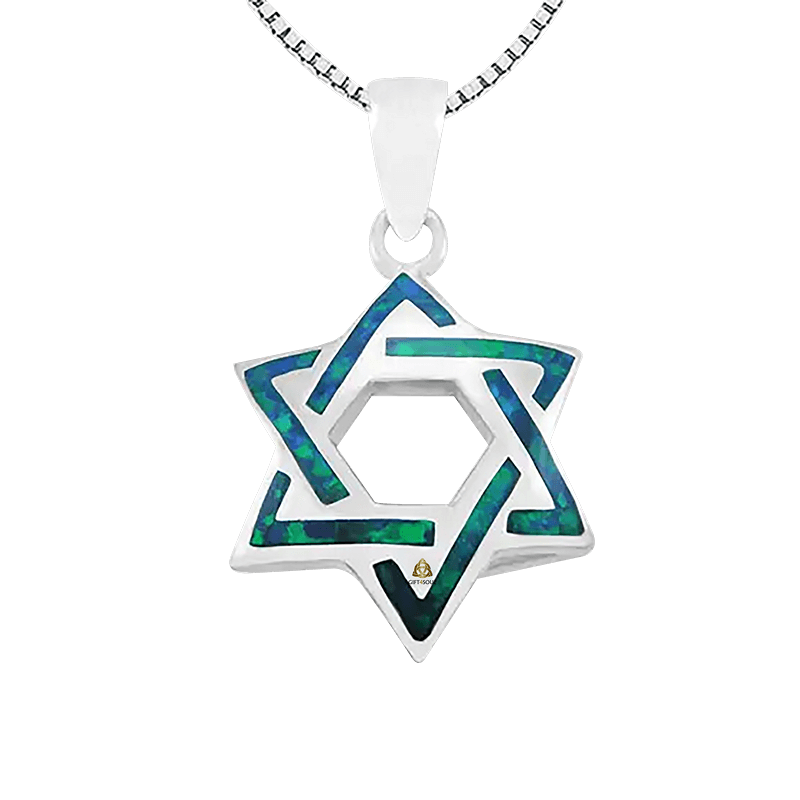  מגן דוד נפוח מכסף סטרלינג 925 אבן אופל כחולה ירוקה לשמירה והגנה SHSA714A