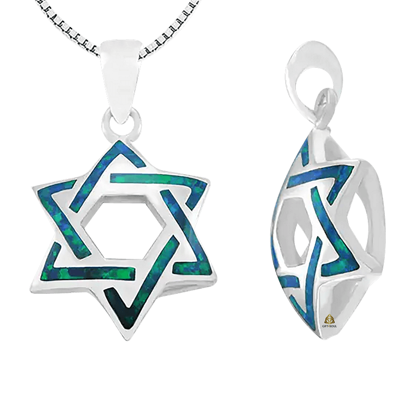  מגן דוד נפוח מכסף סטרלינג 925 אבן אופל כחולה ירוקה לשמירה והגנה SHSA714AB