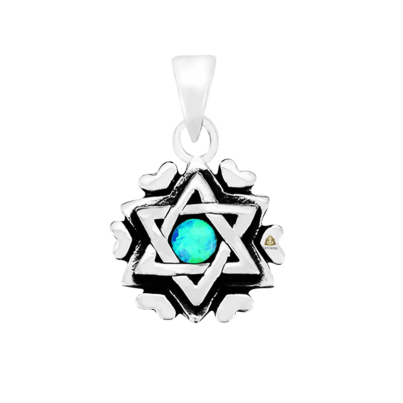  שרשרת כסף מגן דוד שיבוץ אופל מעוטר עם לבבות מסביב SH754a