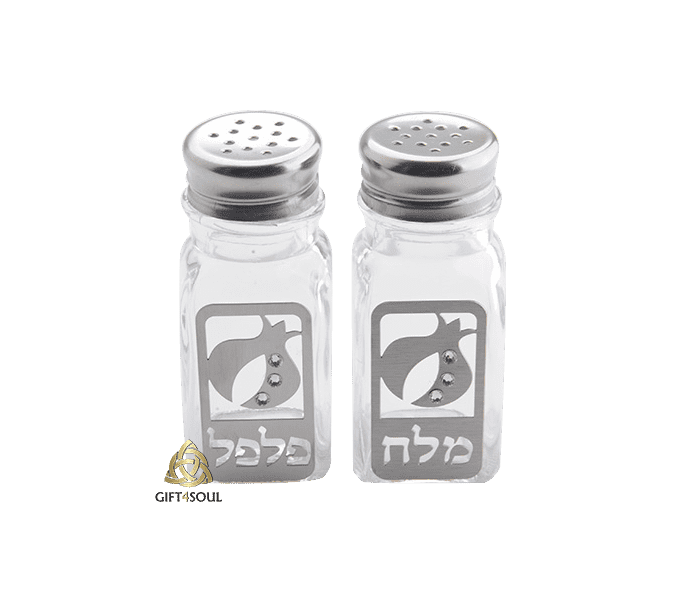 סט מלח פלפל לשולחן מגזרת מתכת רימונים עם קריסטלים שקופים