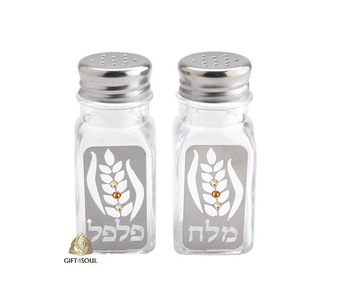 סט מלח פלפל לשולחן מגזרת מתכת שיבולים עם קריסטלים צבעוניים