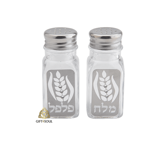 סט מלח פלפל לשולחן מגזרת מתכת שיבולים עם קריסטלים שקופים