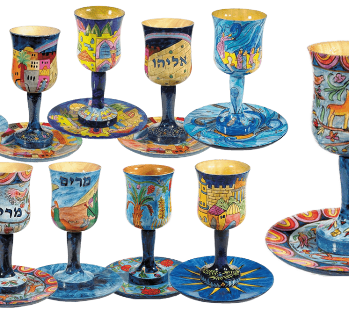 גביע קידוש עץ לשבת ויום טוב כולל צלחת תואמת ציור בעבודת יד דגמים לבחירה