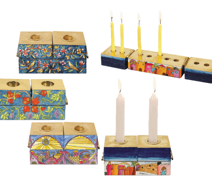 חנוכייה מתקפלת משולבת נרות שבת מעץ ציור בעבודת יד דגמים לבחירה