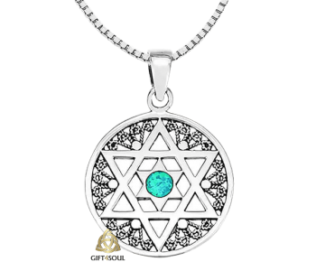 שרשרת תליון מגן דוד עיטורי פילגרין מכסף משובץ אבן אופל עין לגבר ולאישה