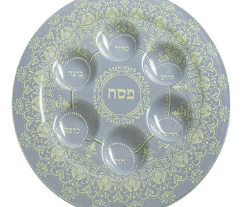 צלחת ברכות לפסח זכוכית עיטורי רקמה לבנה