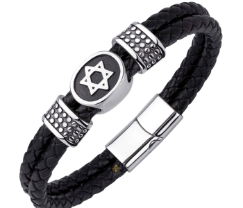 צמיד לגבר מגן דוד עגול עם רצועת עור שחורה פלדת אל חלד סוגר מגנטי