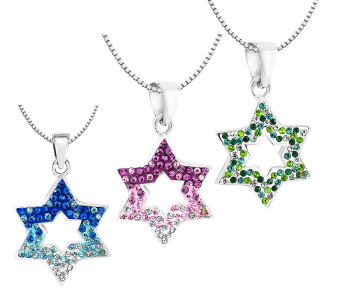 שרשרת מגן דוד פתוח כסף 925 בשיבוץ 3 קריסטלים בגוונים שונים לבחירה