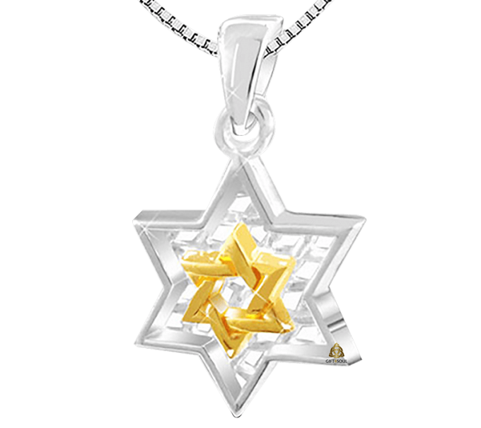 שרשרת מיוחדת מגן דוד מכסף 925 מעוטר שבמרכזו מגן דוד קטן בציפוי זהב 14 קארט