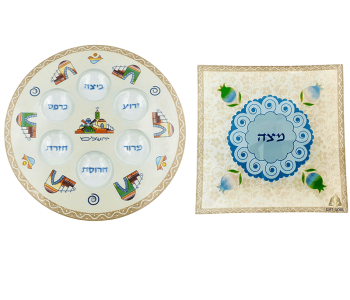 סט פסח עיצוב רימונים כחול 2 פריטים צלחת ברכות וצלחת מצות