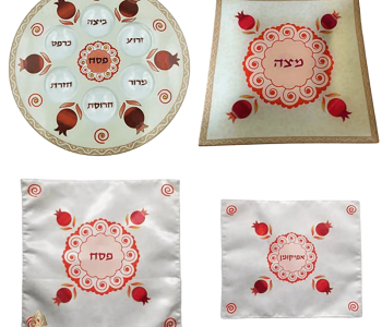 סט פסח תואם מושלם דגם מנדלה אדומה 4 פריטים צלחת ברכות מצות כיסוי מצה ואפיקומן