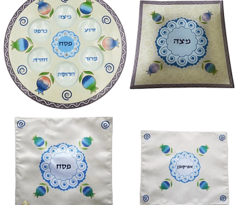 סט פסח תואם מושלם דגם מנדלה תכלת 4 פריטים צלחת ברכות מצות כיסוי מצה ואפיקומן