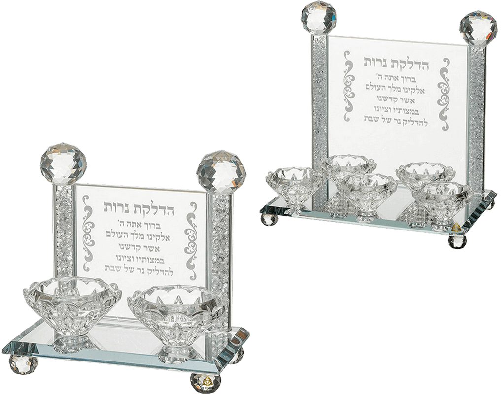 פמוטי קריסטל לנרות שבת וחג עם עמודים וברכת הדלקת נרות לבחירה