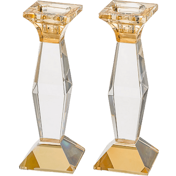 זוג פמוטי קריסטל גיאומטריים בנגיעות ענבר וזהב