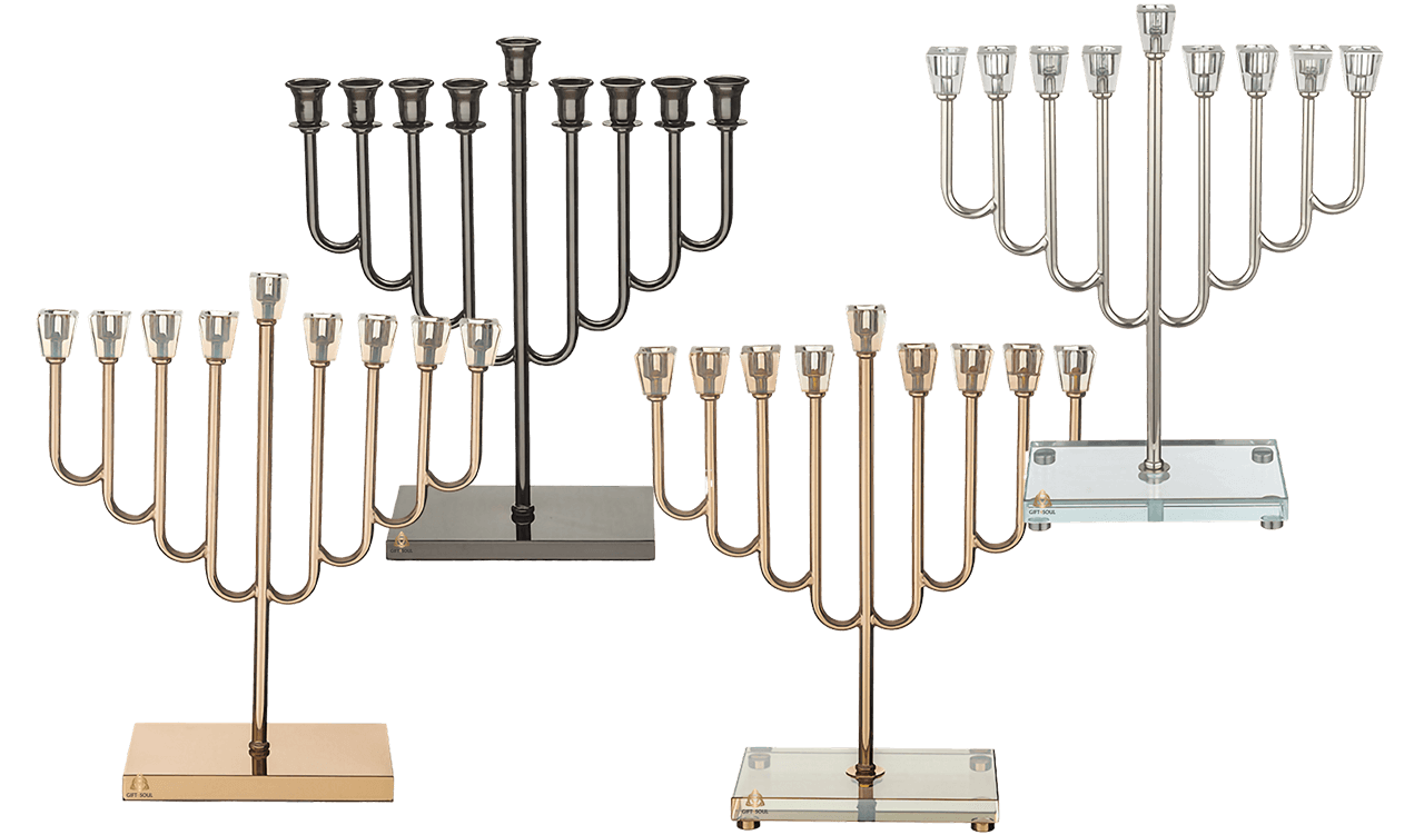 חנוכייה מהודרת ציפוי רוז גולד קנים קריסטל על מגש מלבני מבחר דגמים לבחירה