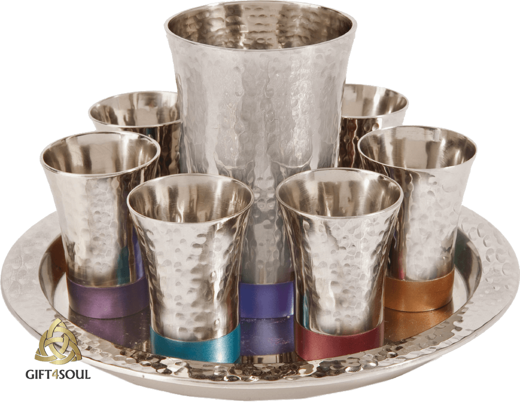 סט תואם כוס קידוש כולל 6 כוסיות תחתיות צבעוניות כולל מגש עגול ריקוע עבודת יד
