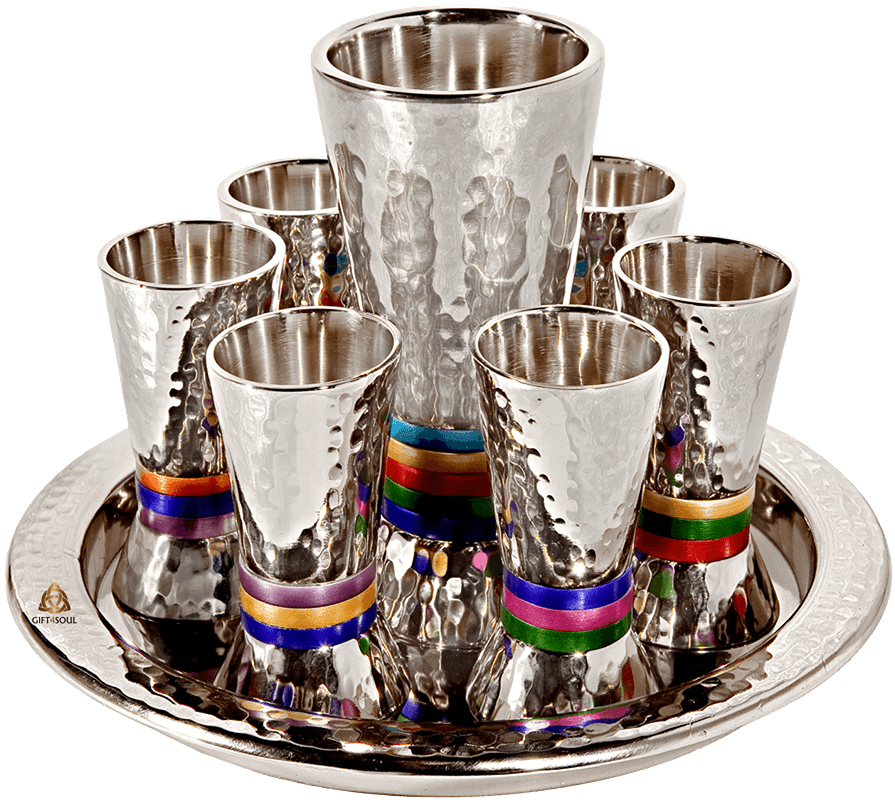 סט תואם כוס קידוש כולל 6 כוסיות טבעות צבעוניות כולל מגש עגול ריקוע עבודת יד