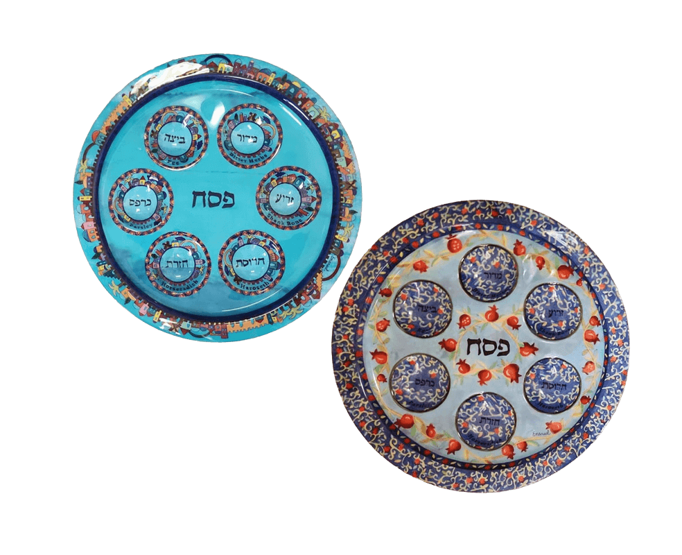 צלחת פסח מהודרת ירושלים או רימונים אמנות יהודית מרהיבה לשולחן הסדר