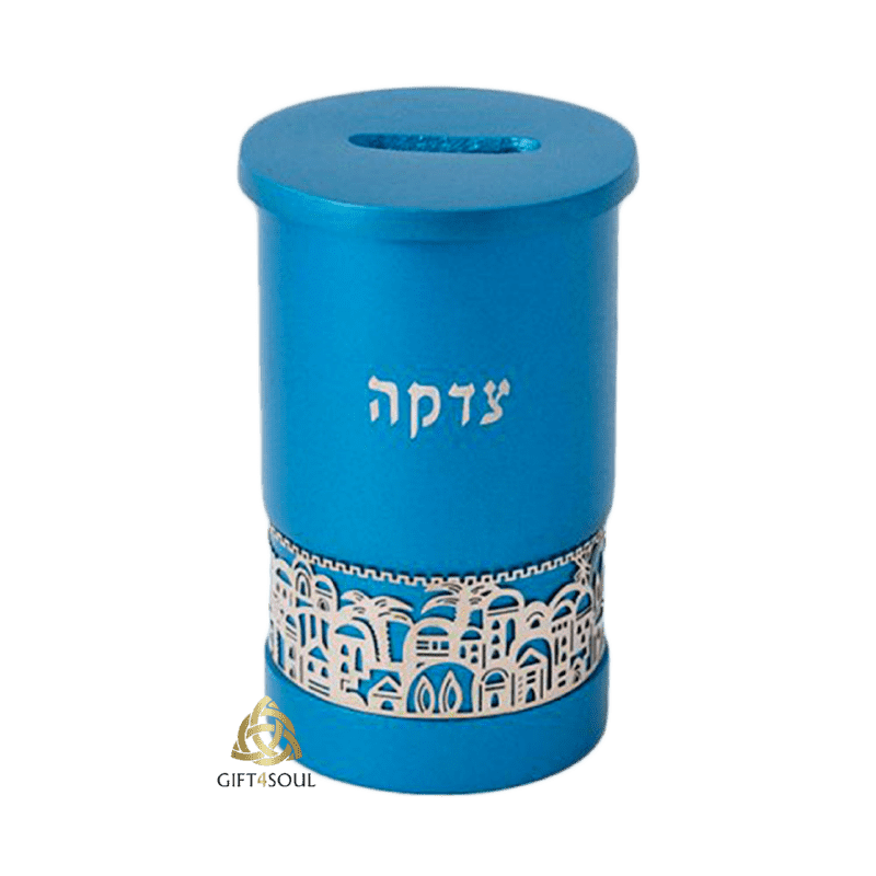 קופת צדקה מאלומיניום רקוע עיטור מגזרת מתכת ירושלים כחול