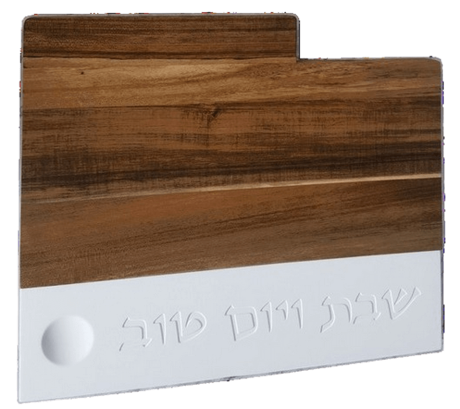 סט מגש חלה עץ כולל סכין בשילוב בטון לבן כיתוב שבת ויום טוב טבעי 