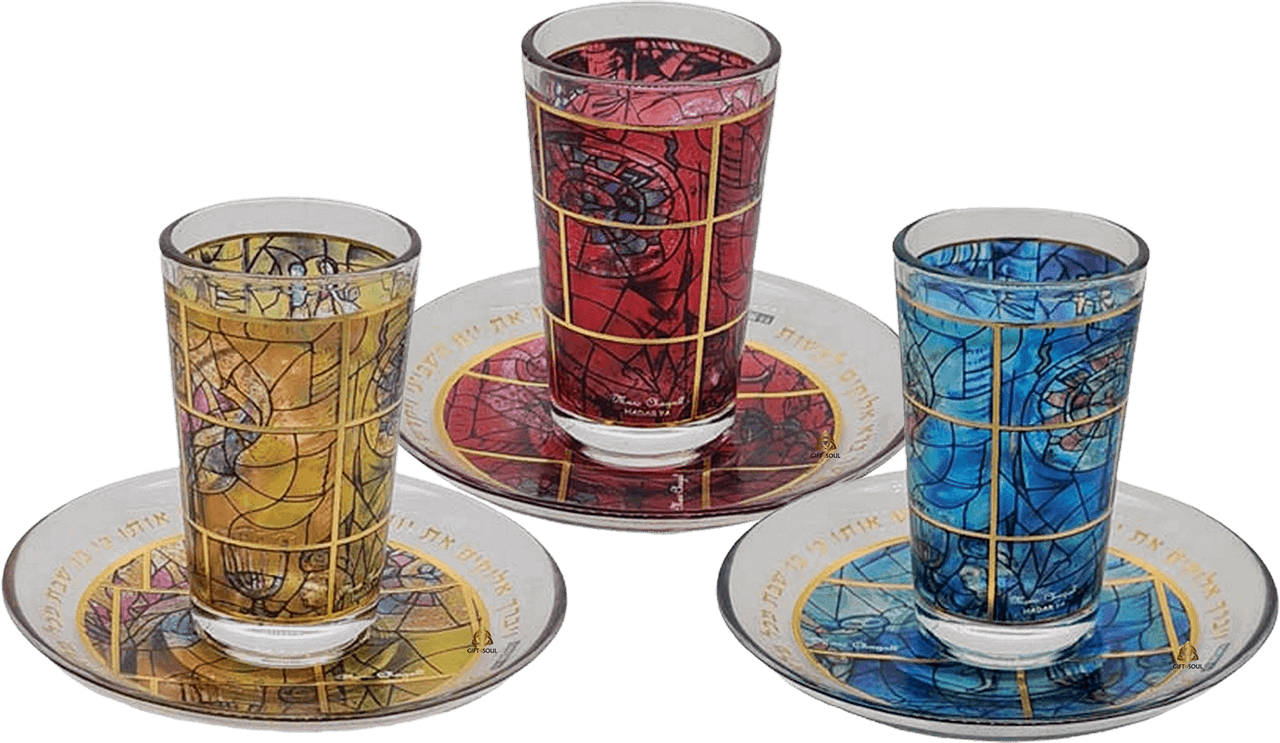 כוס גביע קידוש כולל צלוחית תואמת לשבת קודש זכוכית שאגאל מבחר צבעים לבחירה