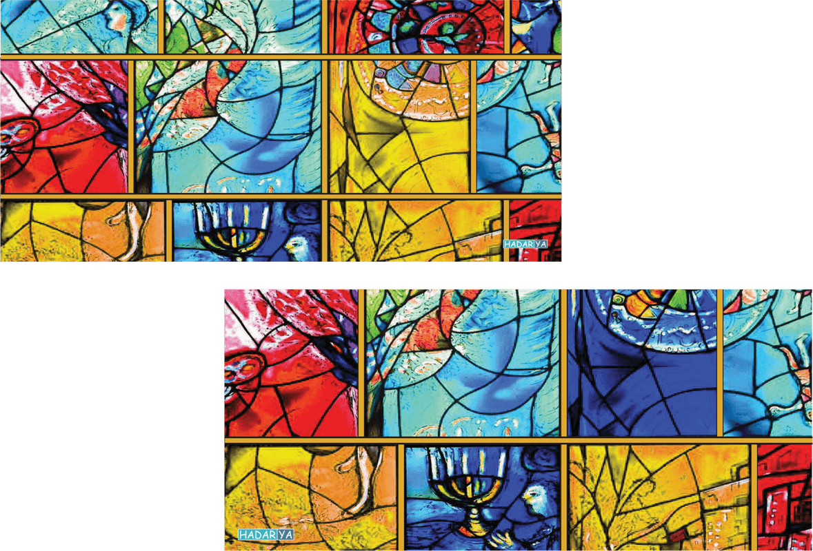 מגש להנחת פמוטים או חנוכייה זכוכית מחוסמת עיצוב דמוי מארק שאגאל חלון של אור