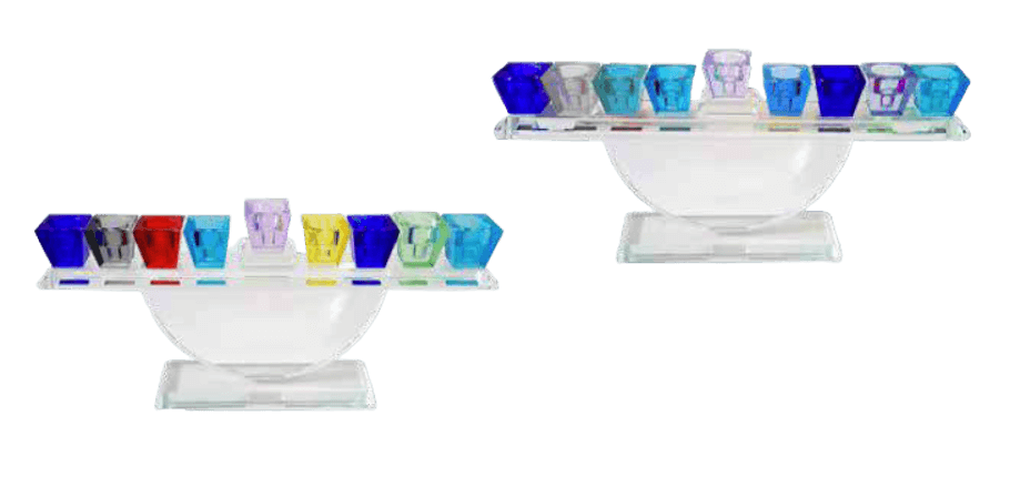 חנוכיה קריסטל מעוגלת 2 דגמים של חנוכיה מעוצבת צבעונית לבחירה חנוכיה פס זכוכית צבעוני