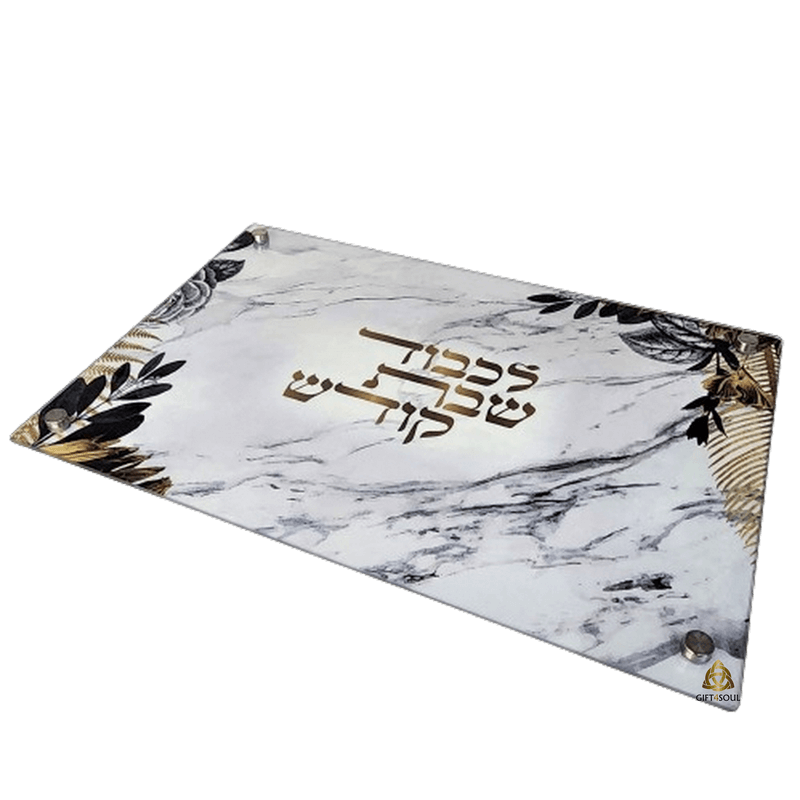 מגש לחלות שיש פרחים זהב עם רגלים  