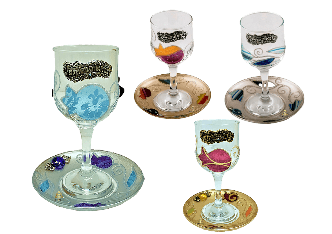 גביע קידוש זכוכית מעוצב עם צלוחית מעוצבת עבודת יד דגמים לבחירה גם התאמה אישית