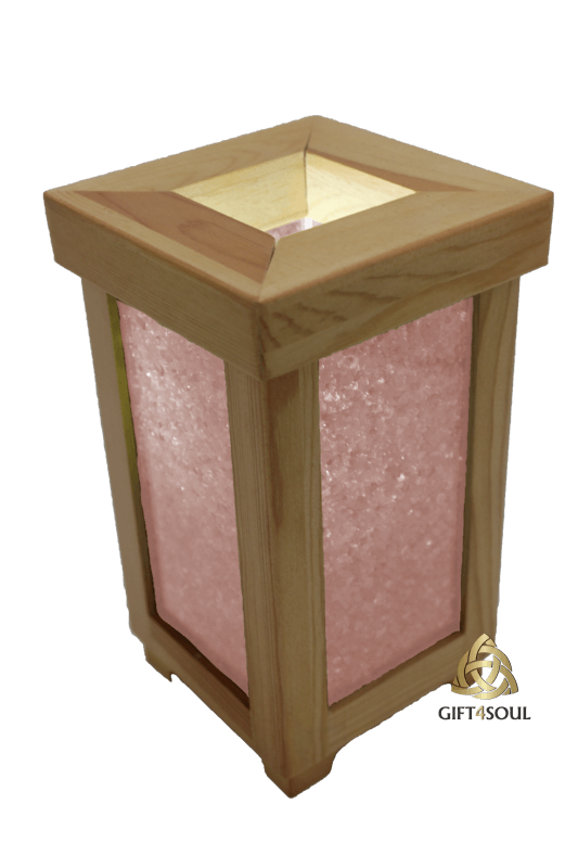 מנורת עץ מרובעת משולבת אבני ציפס קריסטל רוזקוורץ עדינות מסביב