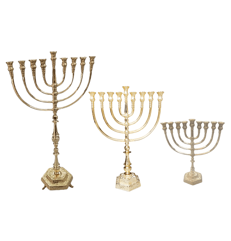 חנוכייה נחושת ציפוי מוזהב מרשימה בסיס מעוצב מקדש מוגבהה גדלים לבחירה
